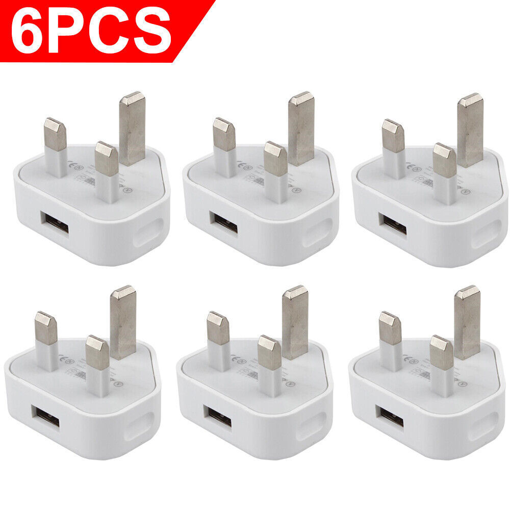 6 Pack UK USB Wall Charger 3 Pin Plug Mains Adapter For Phones, Tablets Power