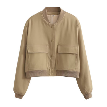 Solid Color Biker Bomber Jacket With Stand-up Collar And Double Pockets