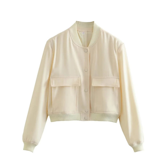 Solid Color Biker Bomber Jacket With Stand-up Collar And Double Pockets