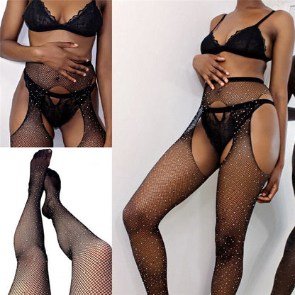 One Size - Women Sexy Fishnet Crystal Rhinestone Tights Suspender Stockings Garter Lingerie