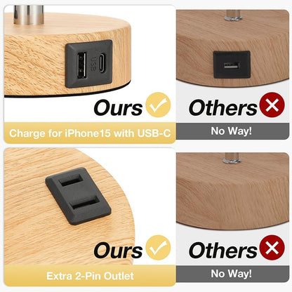 Bedside Lamps With 3-pin Plug, 3 Way Dimmable Table Lamp With USB A C Charging