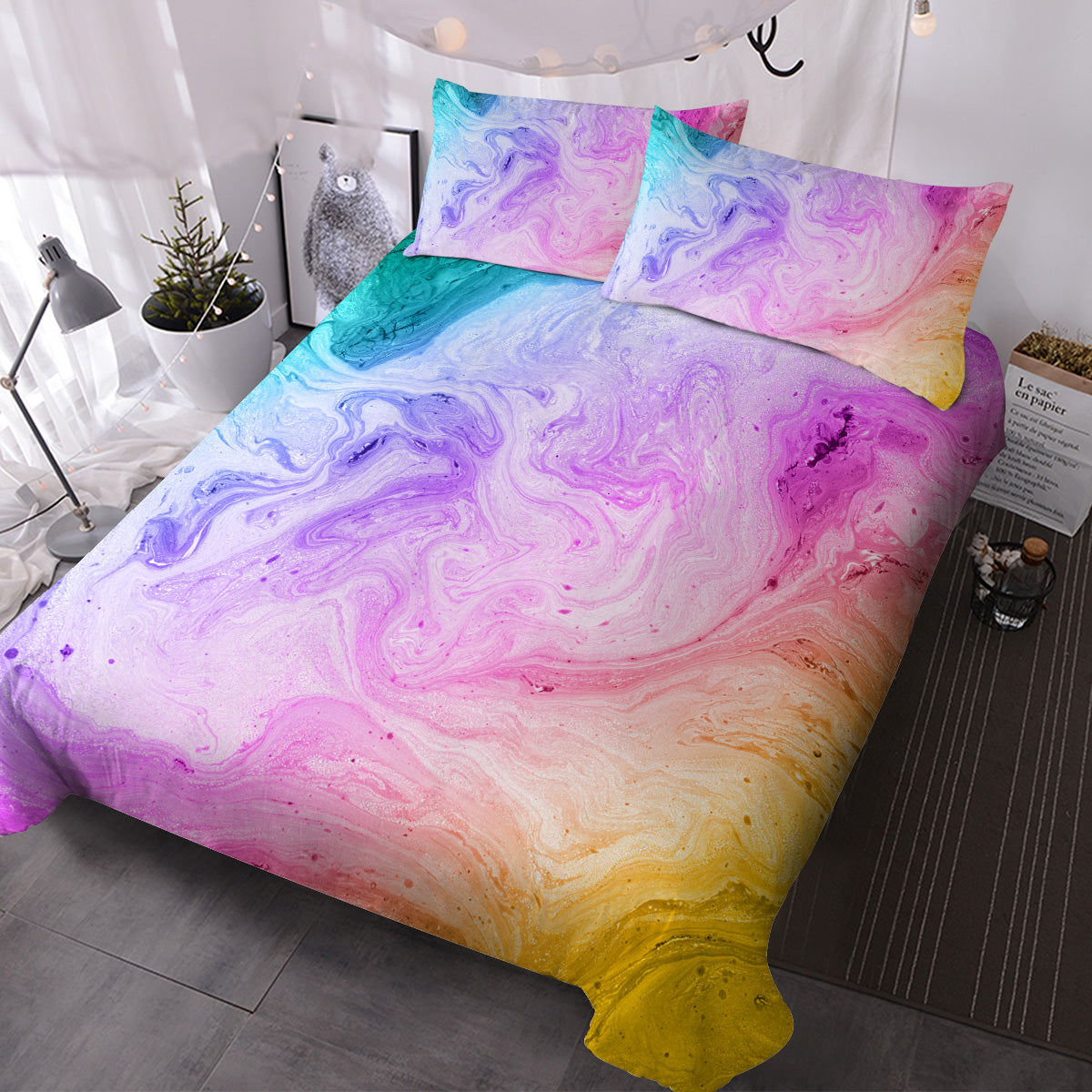 Girly Duvet Cover Rainbow Glitter Ombre Bedding Set