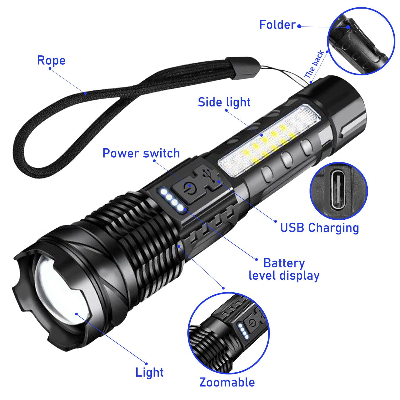 Rechargeable LED Flashlight Zoomable Tactical Torch Police Super Bright Work Light Lamp Red White Blue 3 Light USB Charging