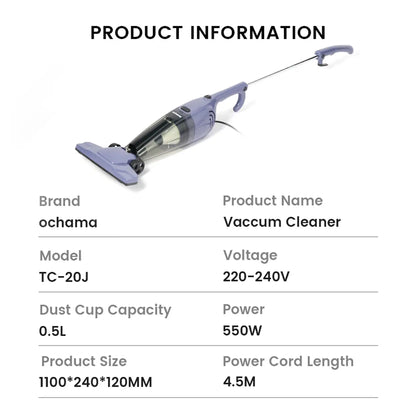 Ochama Corded Vacuum Cleaner, 500W, 0.5L, Dual-Use Handheld & Stick, High Suction Power, Transparent Dust Container, Slim Design, Ideal for Pets & Home