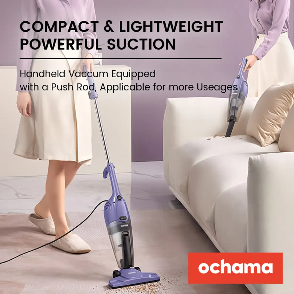 Ochama Corded Vacuum Cleaner, 500W, 0.5L, Dual-Use Handheld & Stick, High Suction Power, Transparent Dust Container, Slim Design, Ideal for Pets & Home