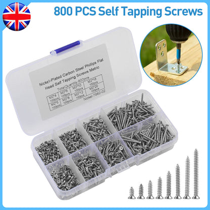 800 PCS M2 Stainless Steel Wood Screw Assortment Self Tapping Small Metal Screws