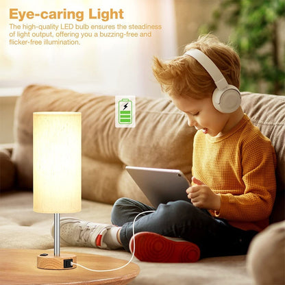 Bedside Lamps With 3-pin Plug, 3 Way Dimmable Table Lamp With USB A C Charging