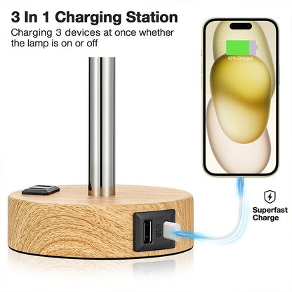 Bedside Lamps With 3-pin Plug, 3 Way Dimmable Table Lamp With USB A C Charging