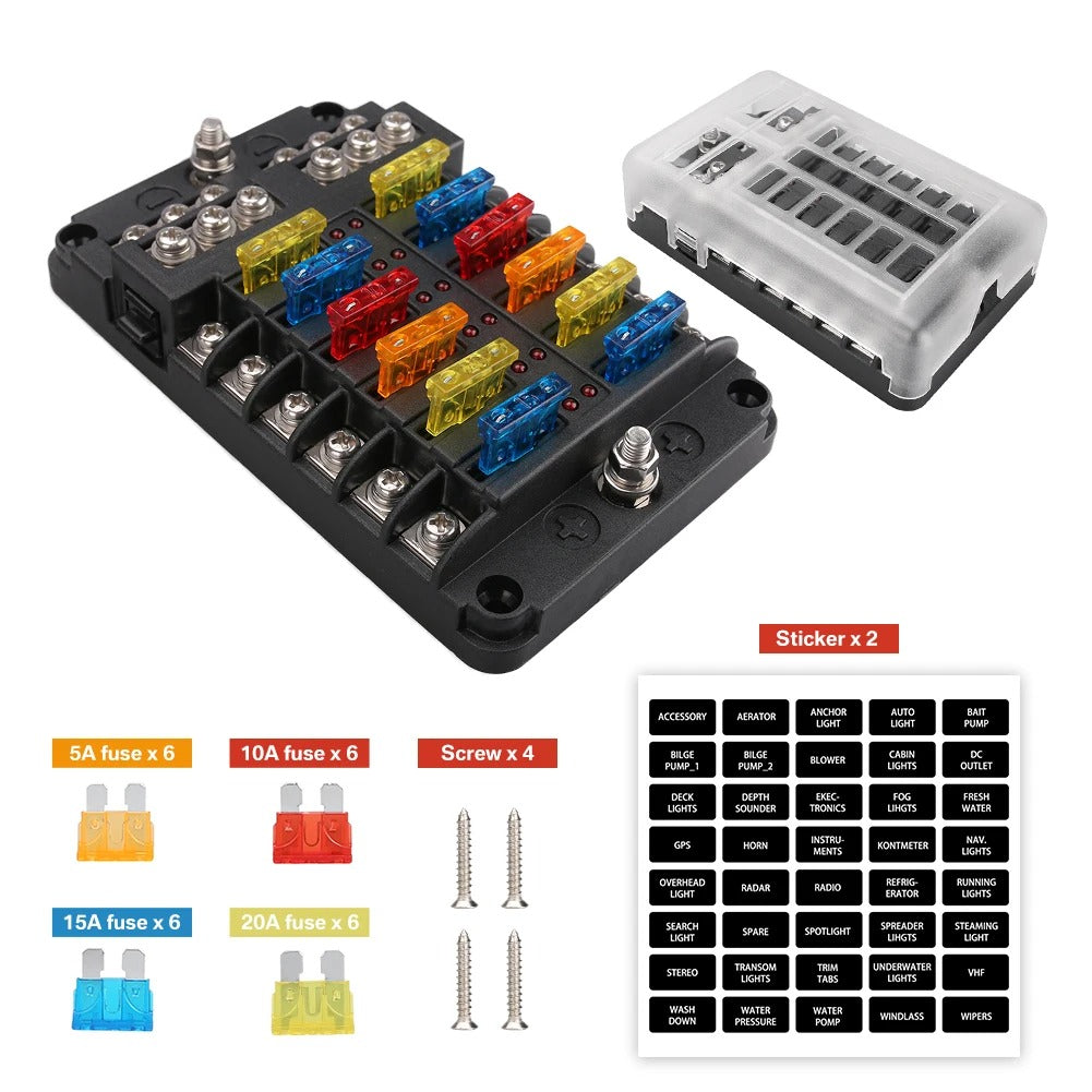 12 Way Blade Fuse 12-24V Car Boat Fuse Box Holder With Plastic Cover For Power Panel Board Camper RV Accessorie