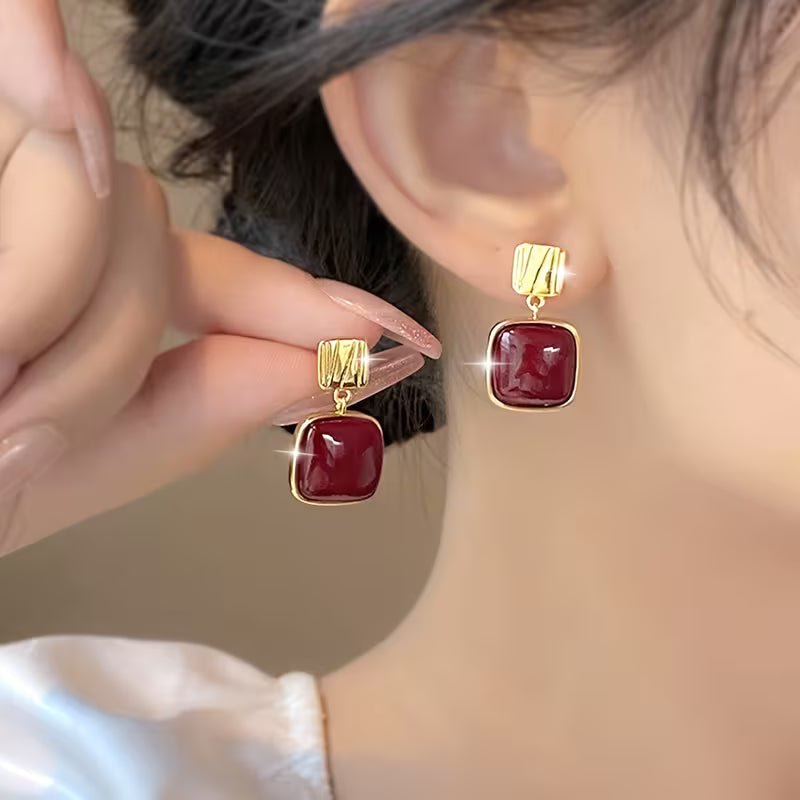 Women Long Red Geometric Square Earrings