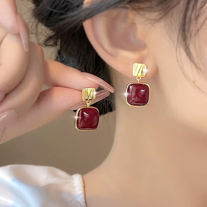 Women Long Red Geometric Square Earrings