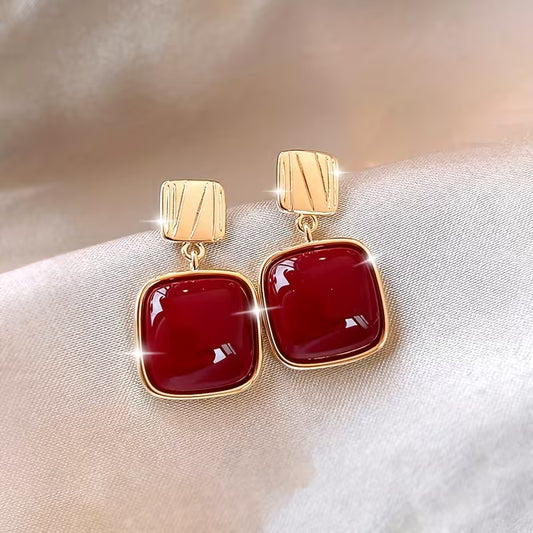 Women Long Red Geometric Square Earrings