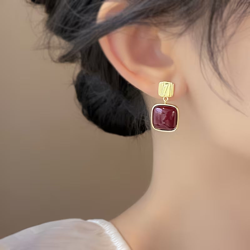Women Long Red Geometric Square Earrings