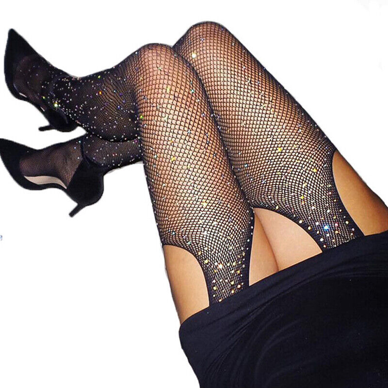 One Size - Women Sexy Fishnet Crystal Rhinestone Tights Suspender Stockings Garter Lingerie