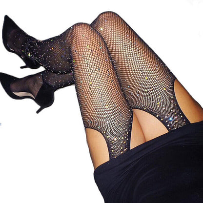 One Size - Women Sexy Fishnet Crystal Rhinestone Tights Suspender Stockings Garter Lingerie