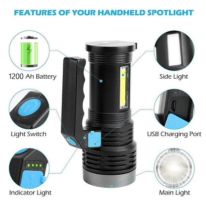 LED Flashlight USB Rechargeable Torch COB Work Light Camping Light High Lumens Emergency Lamp 3 Modes Waterproof
