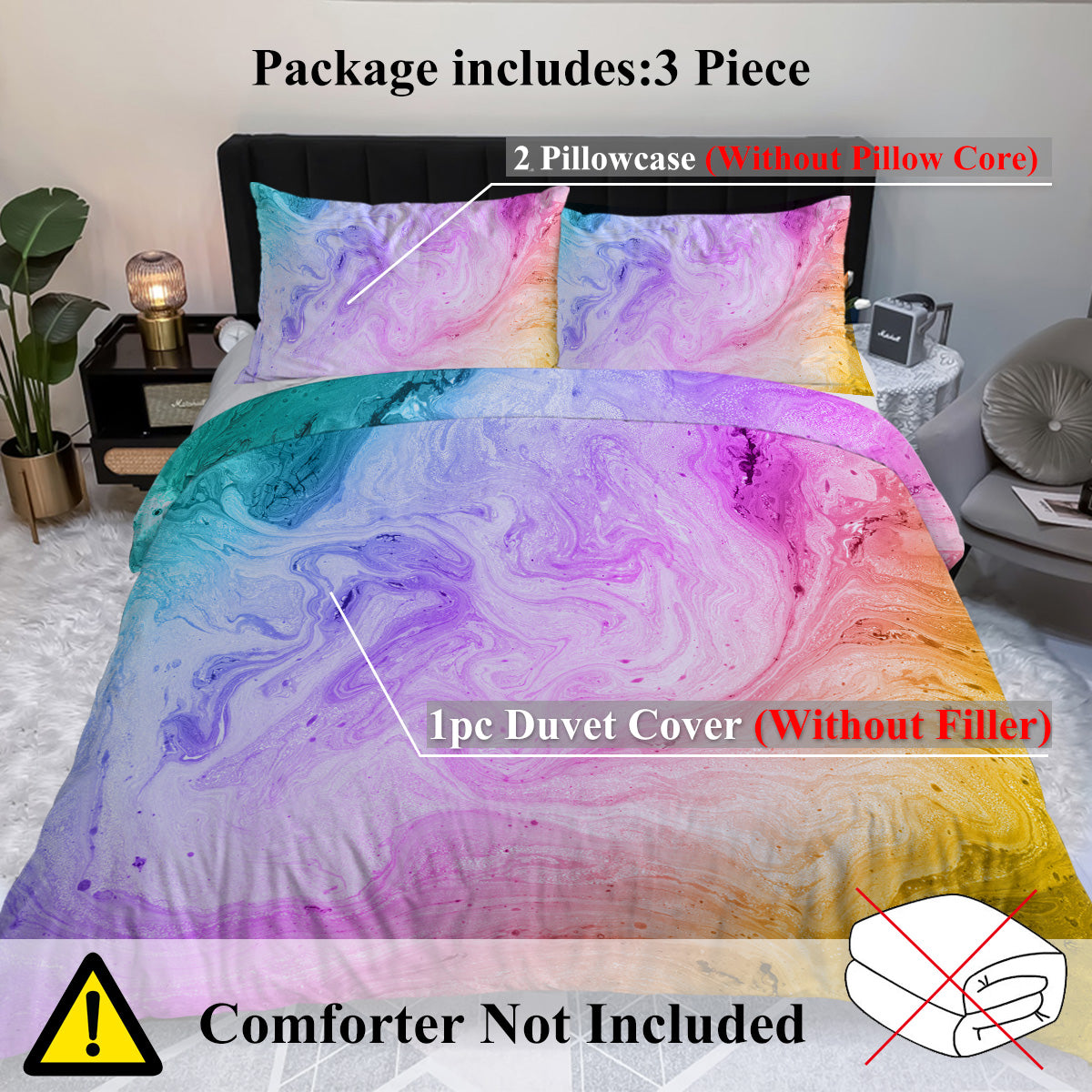 Girly Duvet Cover Rainbow Glitter Ombre Bedding Set