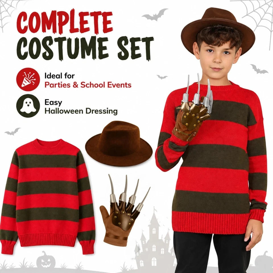 3Pcs Boys Nightmare Dream Killer Costume Halloween Fancy Dress Freddy Krueger Outfit