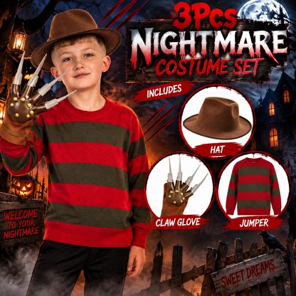 3Pcs Boys Nightmare Dream Killer Costume Halloween Fancy Dress Freddy Krueger Outfit