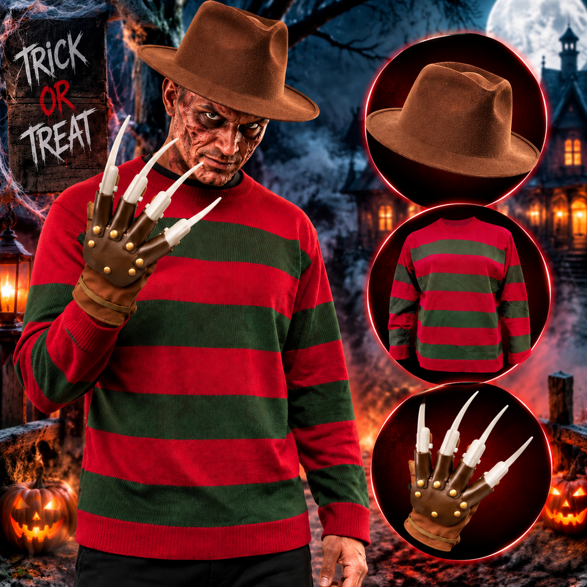 3Pcs Nightmare Halloween Dream Killer Costume Set Freddy Krueger Fancy Dress Outfit