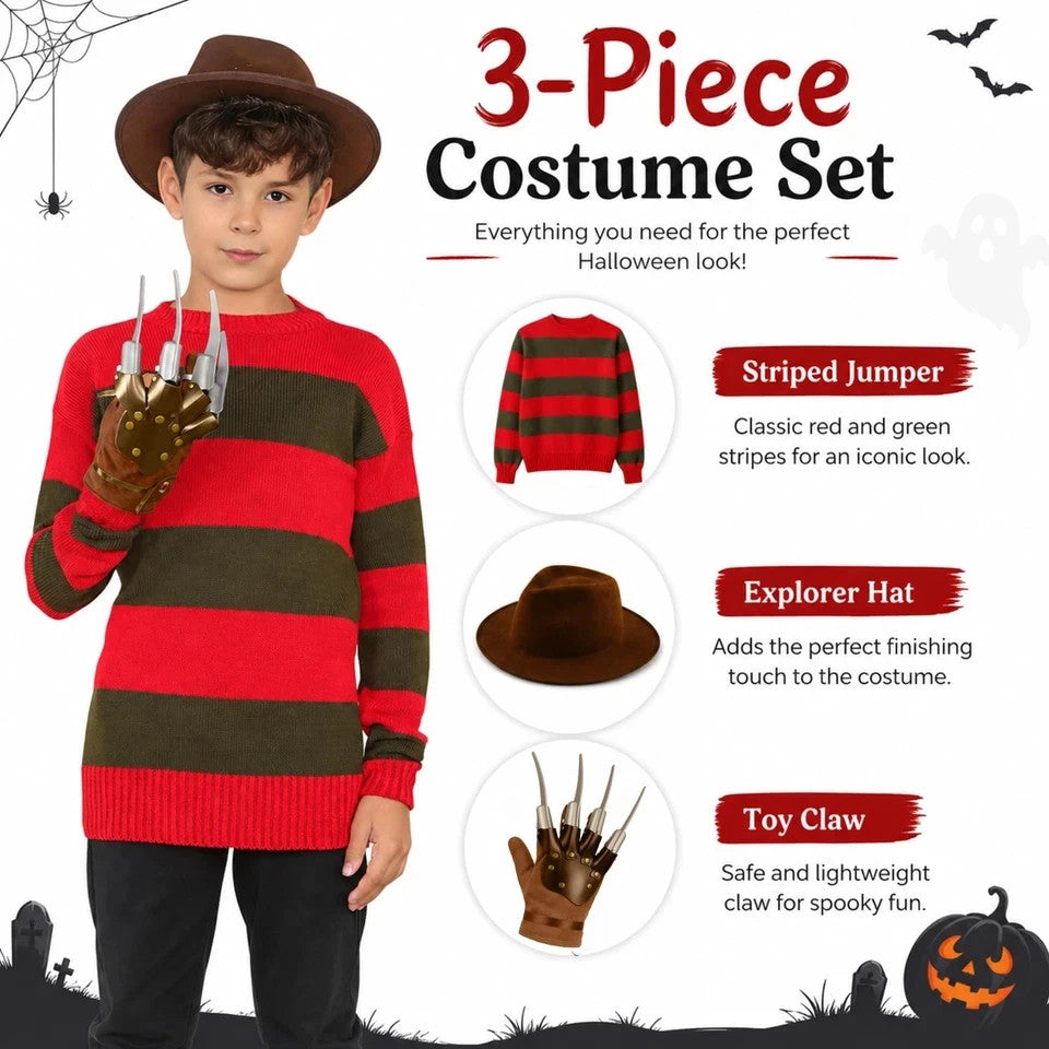 3Pcs Boys Nightmare Dream Killer Costume Halloween Fancy Dress Freddy Krueger Outfit