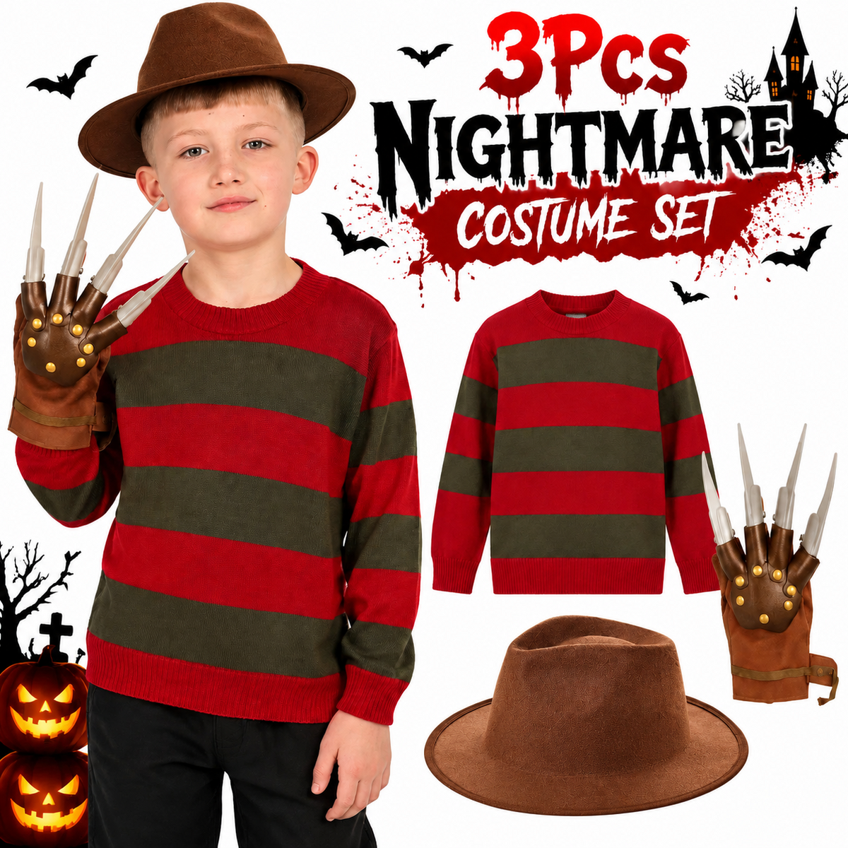 3Pcs Boys Nightmare Dream Killer Costume Halloween Fancy Dress Freddy Krueger Outfit