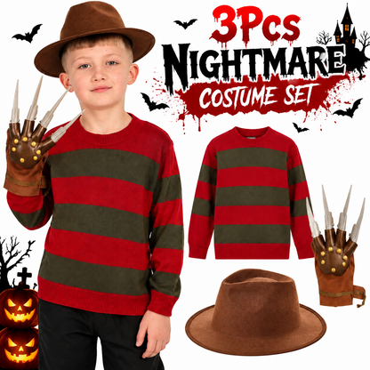3Pcs Boys Nightmare Dream Killer Costume Halloween Fancy Dress Freddy Krueger Outfit