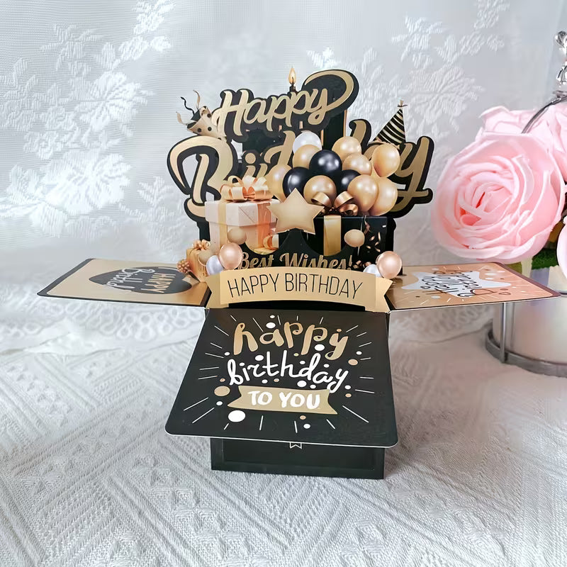 Black And Golden Pop-Up 3D Birthday Card