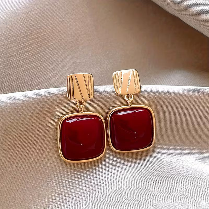 Women Long Red Geometric Square Earrings